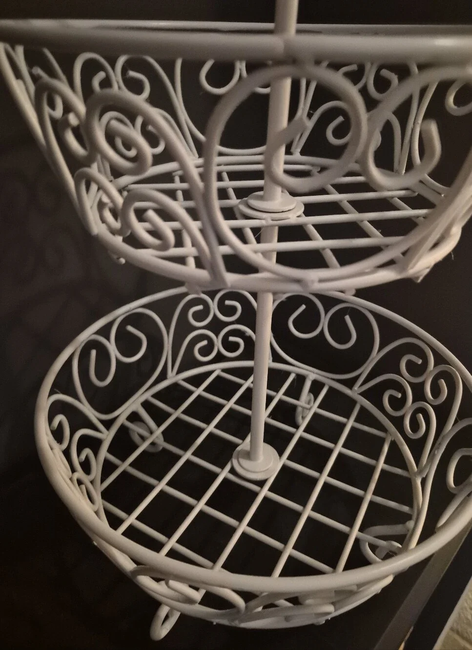 White Metal Scrollwork Princess  2-Tiered Basket Fruit Bowl Holder Decor